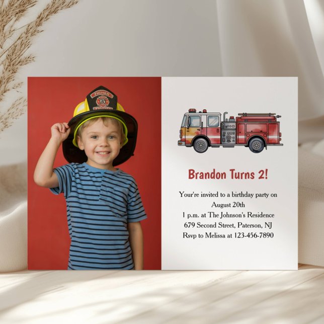 Cute Boy Firefighter Photo Kids 2nd Birthday Party Einladung (Von Creator hochgeladen)