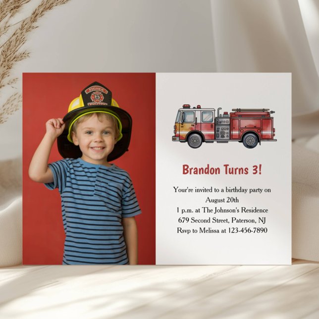 Cute Boy Firefighter Photo Kids 3rd Birthday Party Einladung (Von Creator hochgeladen)