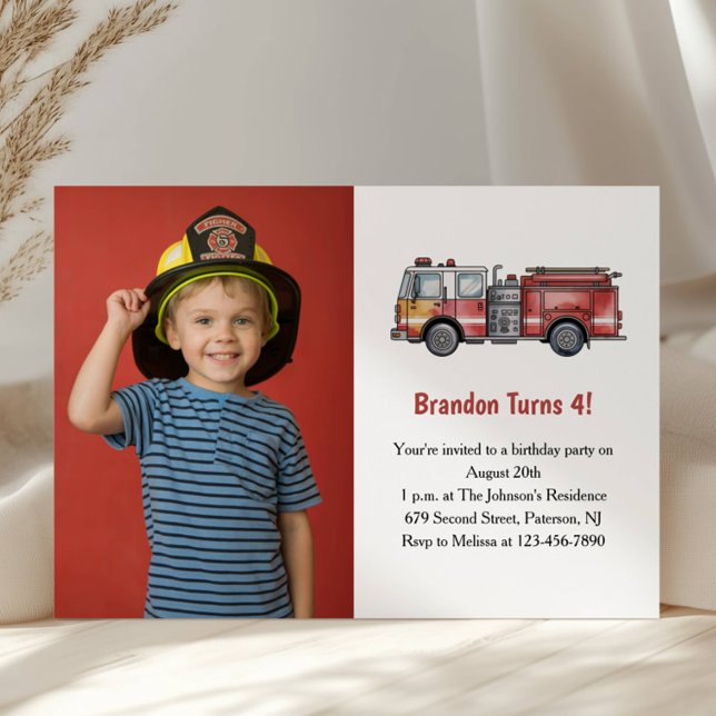 Cute Boy Firefighter Photo Kids 4th Birthday Party Einladung (Von Creator hochgeladen)