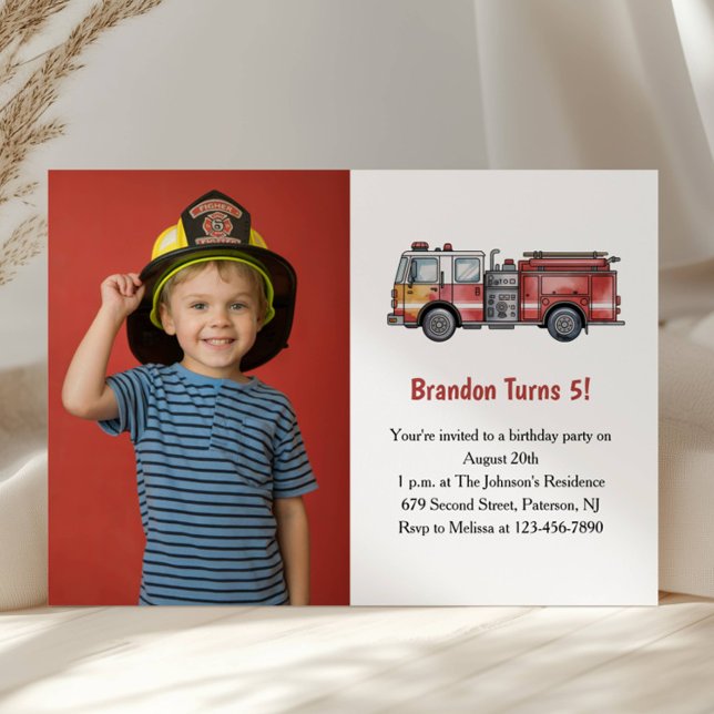 Cute Boy Firefighter Photo Kids 5th Birthday Party Einladung (Von Creator hochgeladen)