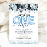 Cute Boy Little Mr One-derful 1st Birthday Einladung<br><div class="desc">Modern boy 1st birthday party invitations featuring a simple white background,  sparkle glitter,  elegant navy blue watercolor florals,  the saying "little mr. one-derful",  and a birthday celebration template that is easy to personalize.</div>