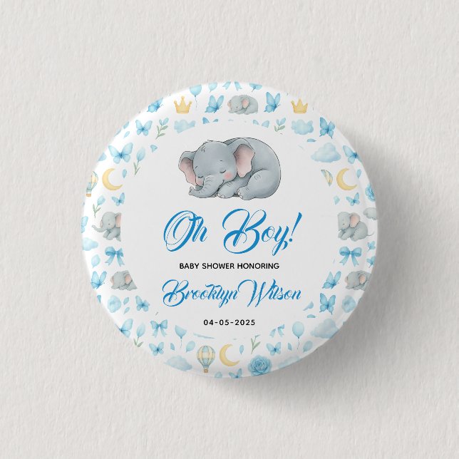 Cute Boy’s Elephant Watercolor Baby Shower Button (Vorderseite)