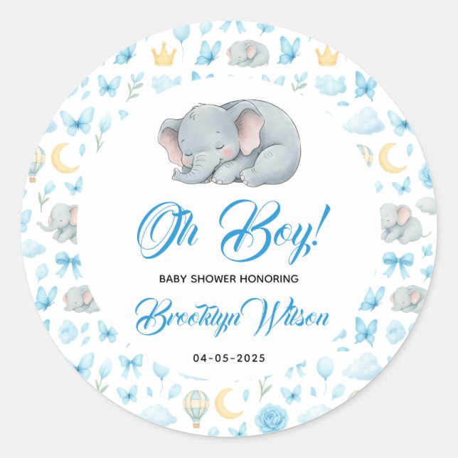 Cute Boy’s Elephant Watercolor Baby Shower Runder Aufkleber (Vorderseite)