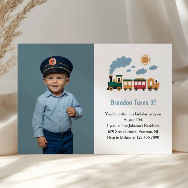 Cute Boy Train Photo Kids 3rd Birthday Party Einladung (Von Creator hochgeladen)