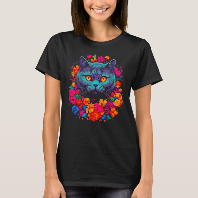 Cute British Shorthair Cat Flowers T-Shirt (Vorderseite)