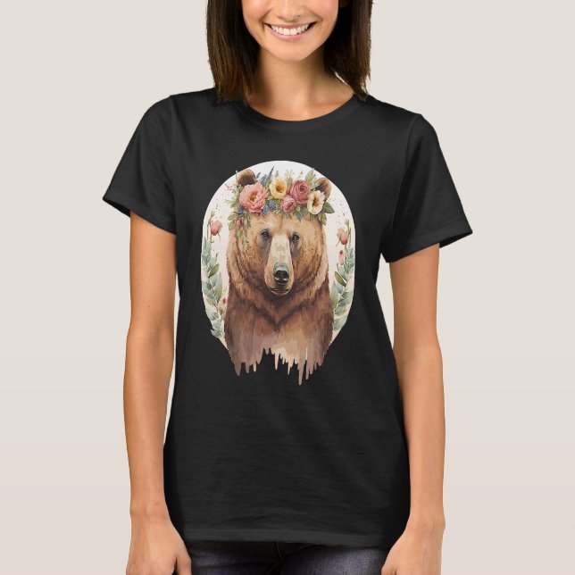 Cute Brown Bear Grizzly Flower Crown Animal T-Shirt (Vorderseite)