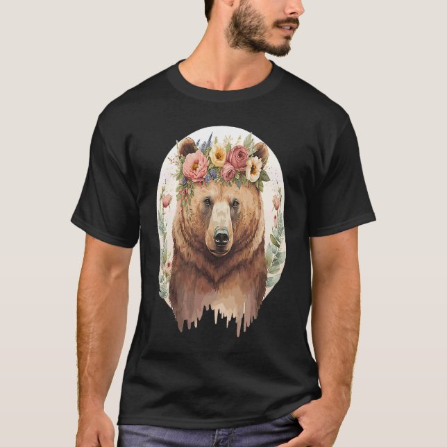 Cute Brown Bear Grizzly Flower Crown Animal T-Shirt (Vorderseite)