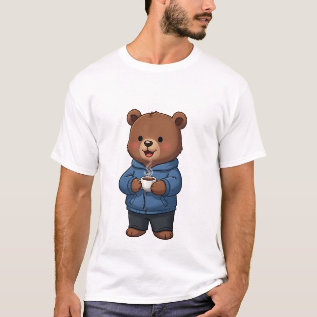 Cute Brown Bear Wearing Blue Hoodie T-Shirt (Vorderseite)