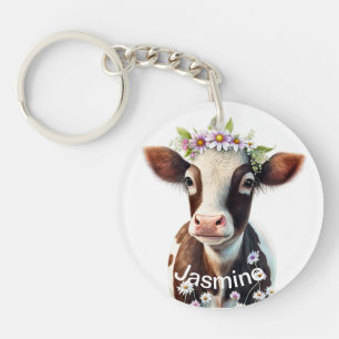 Cute brown cow your name floral watercolor farm  schlüsselanhänger