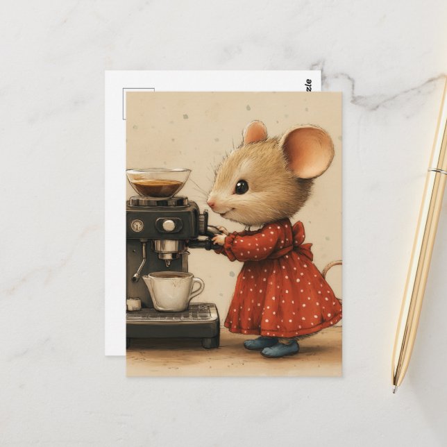 Cute Brown Mouse Makes Coffee Postkarte (Vorderseite/Rückseite Beispiel)