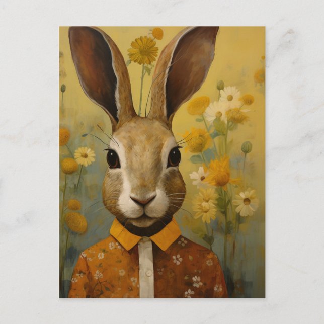Cute Brown Rabbit in a Floral Shirt Postkarte (Vorderseite)