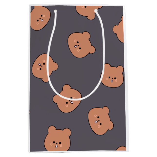 Cute Brown Teddy Bear Face Pattern Dark Blue Mittlere Geschenktüte (Vorderseite)