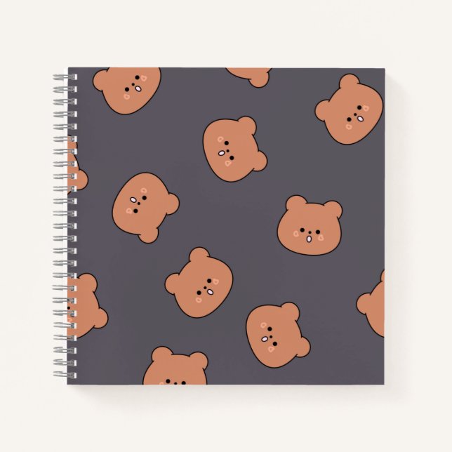 Cute Brown Teddy Bear Face Pattern Dark Blue Notizbuch (Vorderseite)