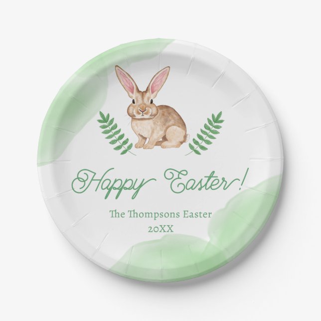 Cute Brown Watercolor Bunny With Greenery Easter Pappteller (Vorderseite)