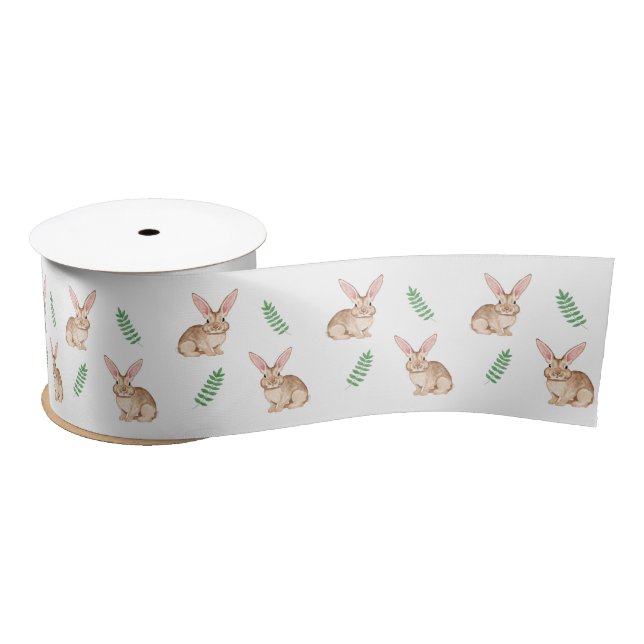 Cute Brown Watercolor Easter Bunny And Greenery Satinband (Spule)