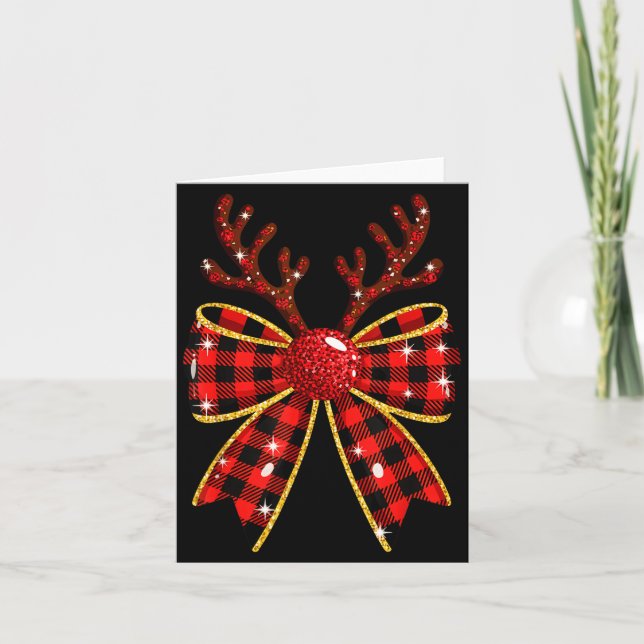 Cute Buffalo Plaid Coquette Bow Reindeer Christmas Karte (Vorderseite)