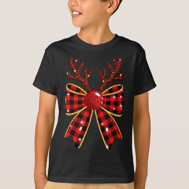 Cute Buffalo Plaid Coquette Bow Reindeer Christmas T-Shirt (Vorderseite)
