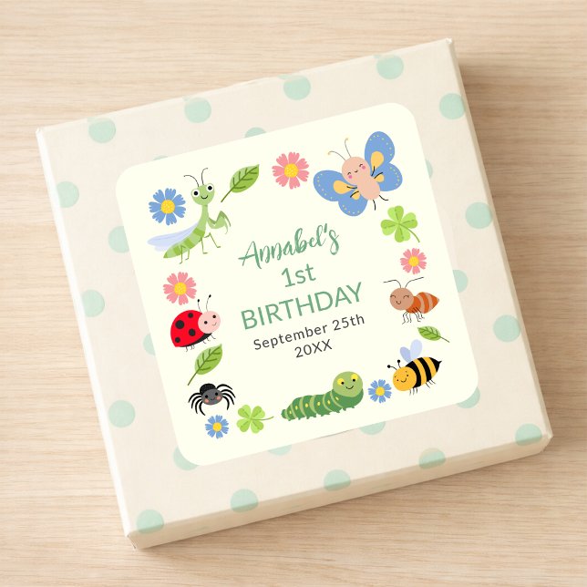 Cute Bug Ladybug Buttefly Kids 1st Birthday  Quadratischer Aufkleber (Von Creator hochgeladen)