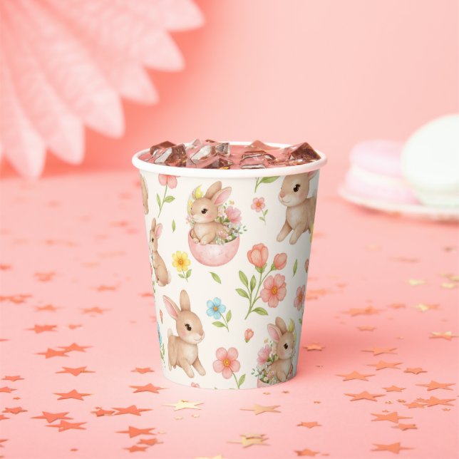 Cute Bunnies and Flowers Pattern Pappbecher (Insitu)