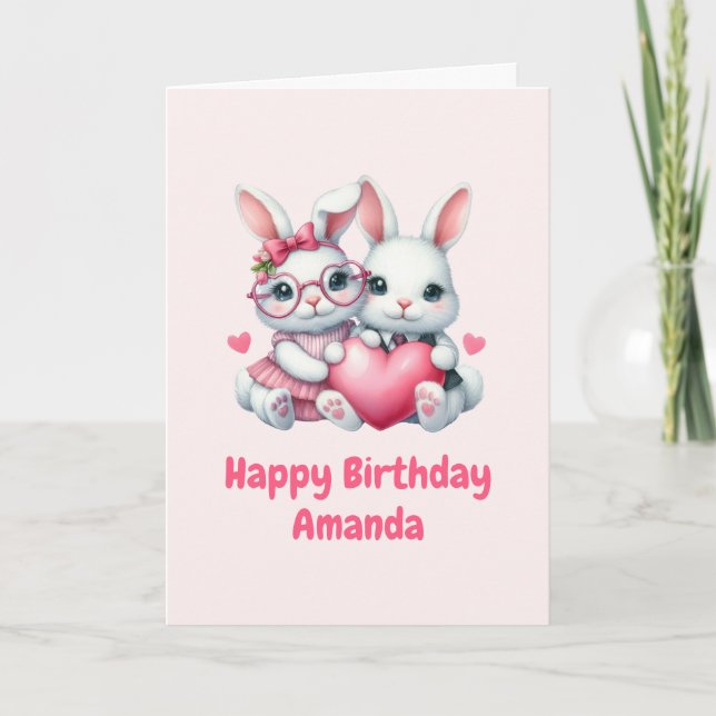 Cute Bunnies Sharing a Heart Birthday Karte (Vorderseite)