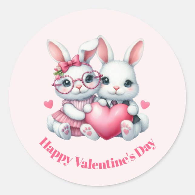 Cute Bunnies Sharing a Heart Valentine's Day Runder Aufkleber (Vorderseite)
