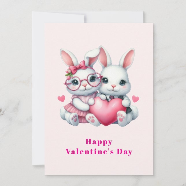 Cute Bunnies Sharing a Heart Valentine's Feiertagskarte (Vorderseite)