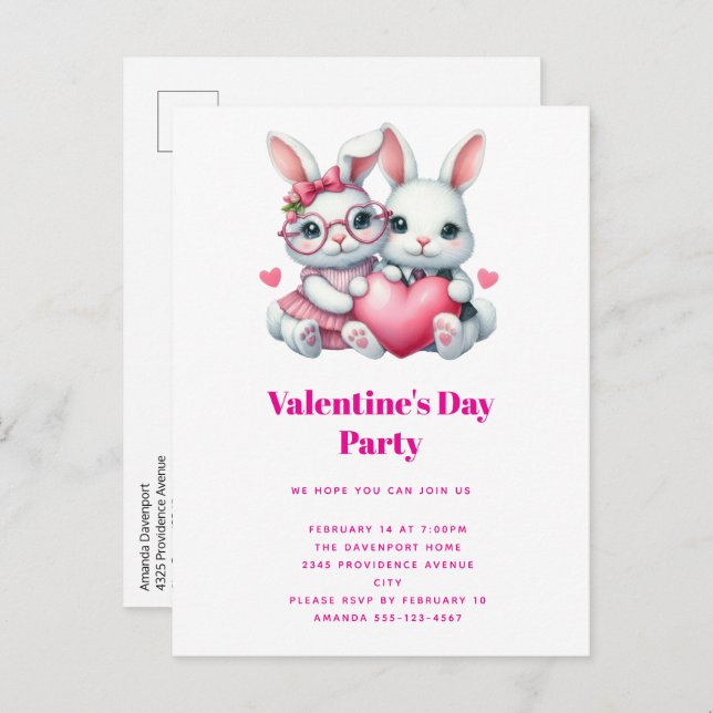 Cute Bunnies Sharing a Heart Valentine's Party Einladungspostkarte (Vorne/Hinten)