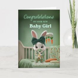 Cute Bunny Baby in Green Congrats on New Baby Girl Karte