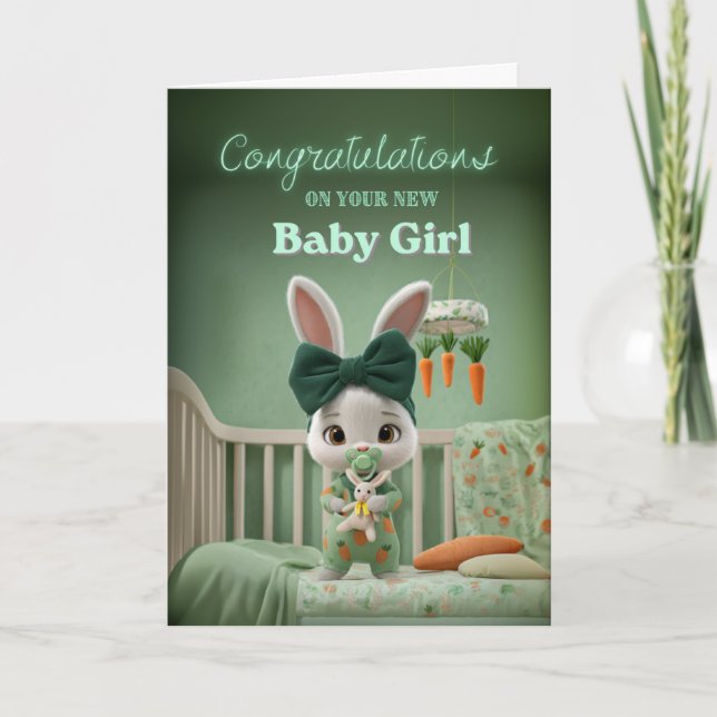 Cute Bunny Baby in Green Congrats on New Baby Girl Karte (Vorderseite)