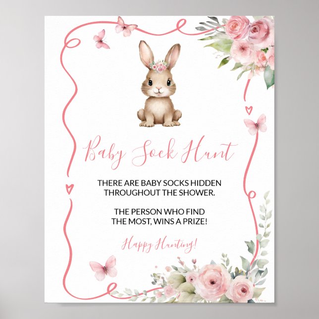 Cute Bunny Baby Shower Girl Baby Sock Hunt Poster (Vorne)