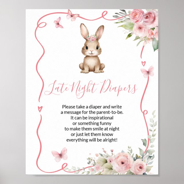 Cute Bunny Baby Shower Girl Late Night Diapers Poster (Vorne)