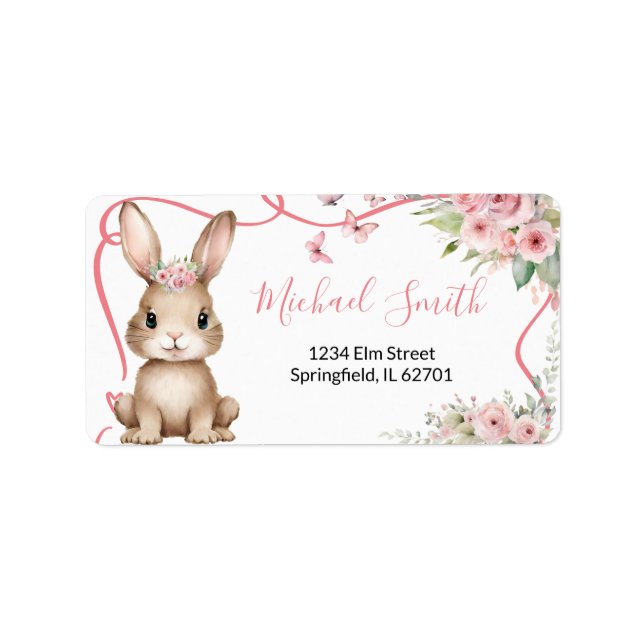 Cute Bunny Baby Shower Girl Pink Floral Address Adressaufkleber (Vorne)