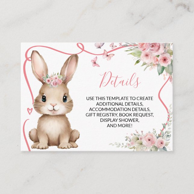 Cute Bunny Baby Shower Girl Pink Floral Details Begleitkarte (Vorderseite)