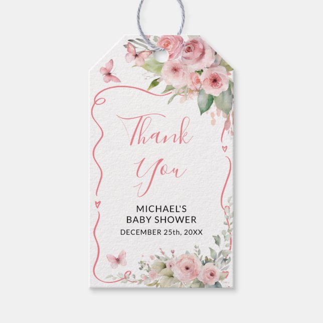 Cute Bunny Baby Shower Girl Pink Floral Geschenkanhänger (Vorderseite)