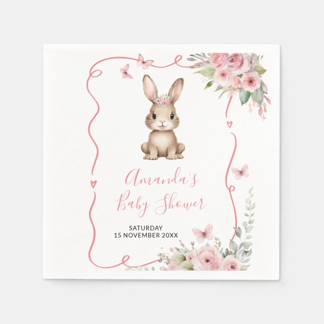 Cute Bunny Baby Shower Girl Pink Floral Paper Serviette (Vorderseite)