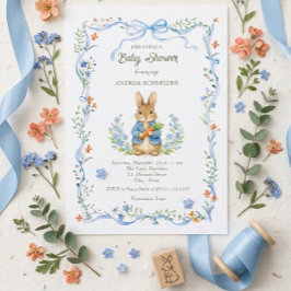 Cute Bunny Boy Floral Blue Bow Baby Shower Einladung