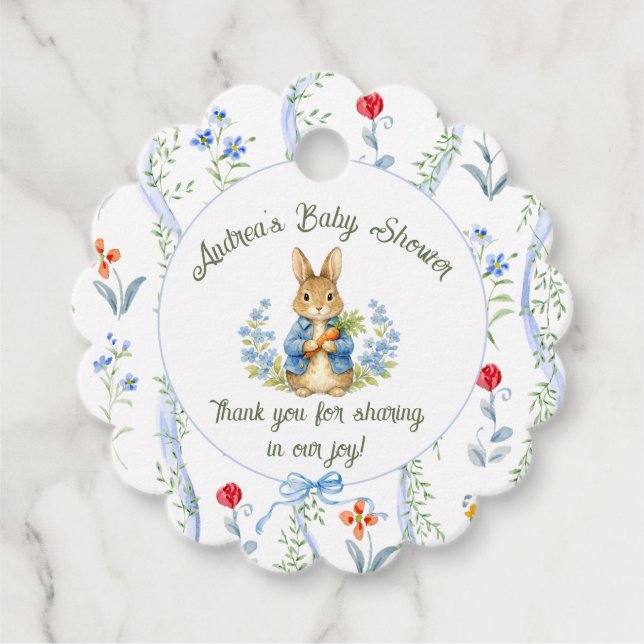 Cute Bunny Boy Floral Blue Bow Baby Shower  Geschenkanhänger (Vorderseite)