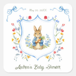 Cute Bunny Boy Floral Blue Bow Baby Shower Quadratischer Aufkleber