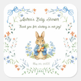 Cute Bunny Boy Floral Blue Bow Baby Shower Thanks Quadratischer Aufkleber