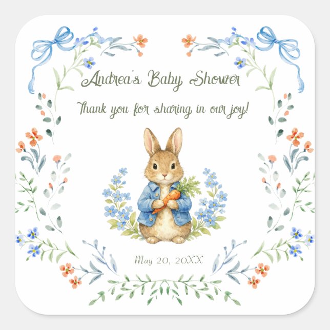 Cute Bunny Boy Floral Blue Bow Baby Shower Thanks Quadratischer Aufkleber (Vorderseite)