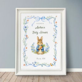 Cute Bunny Boy Floral Blue Bow Baby Shower Welcome Poster