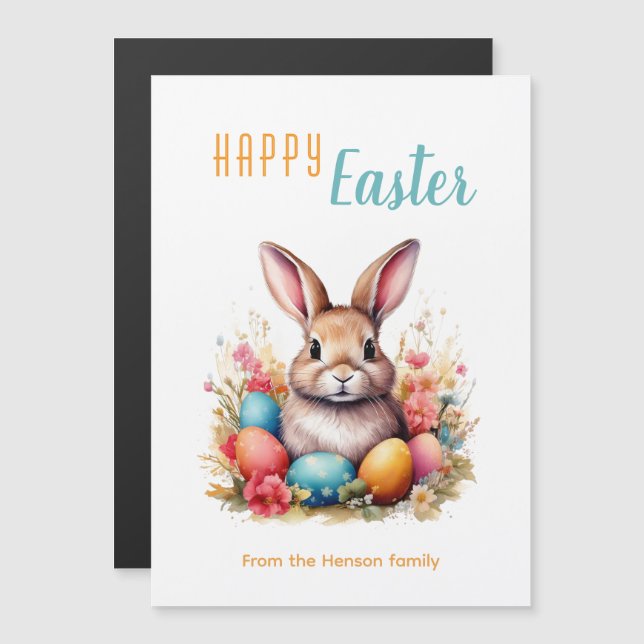 Cute Bunny Colorful Eggs Flowers Happy Easter Magnetkarte (Vorne/Hinten)