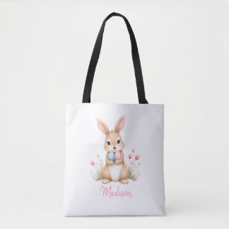 Cute bunny, custom name Easter egg hunt tote bag.