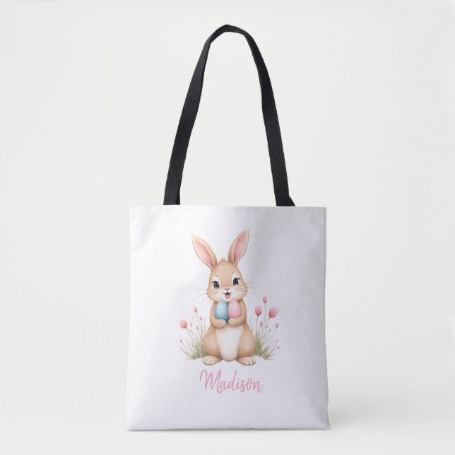 Cute bunny, custom name Easter egg hunt tote bag. (Vorderseite)