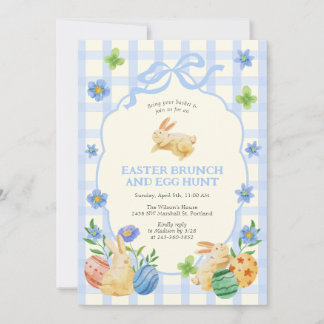 Cute Bunny Easter Brunch & Egg Hunt Blue Checkered Einladung