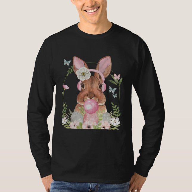 Cute Bunny Face With Bubblegum And Headphones East T-Shirt (Vorderseite)