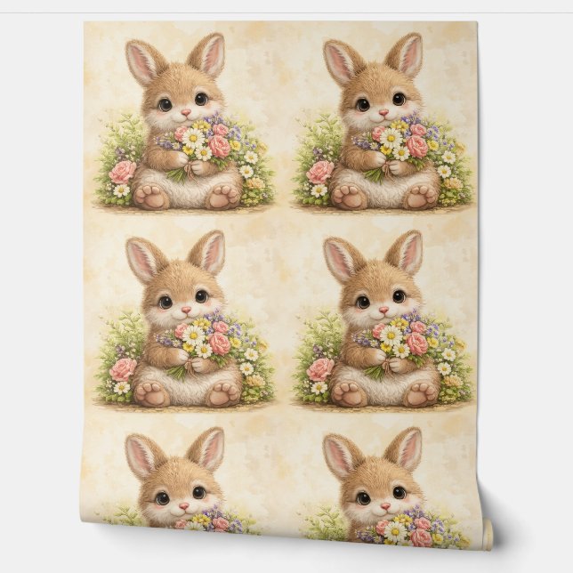 Cute Bunny Floral Pattern Wallpaper Tapete (Abrollen)