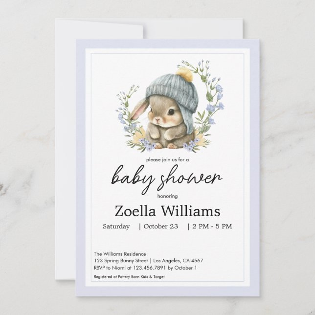 Cute Bunny Floral Spring Baby Shower Invitation (Vorderseite)