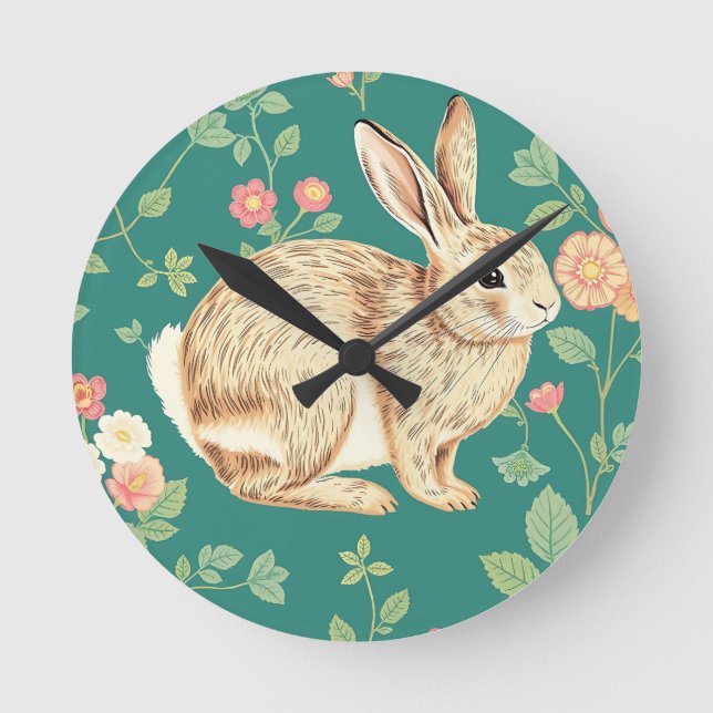 Cute Bunny Floral Teal Pattern Runde Wanduhr (Vorderseite)