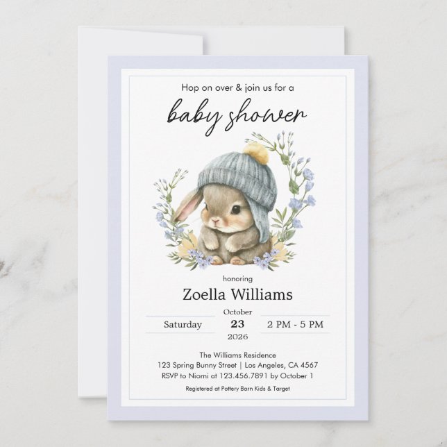 Cute Bunny Flowers Spring Baby Shower Invitation (Vorderseite)
